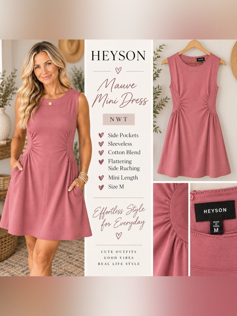 Heyson Mauve Sleeveless Mini Dress with Side Ruching and Pockets | S/M/L